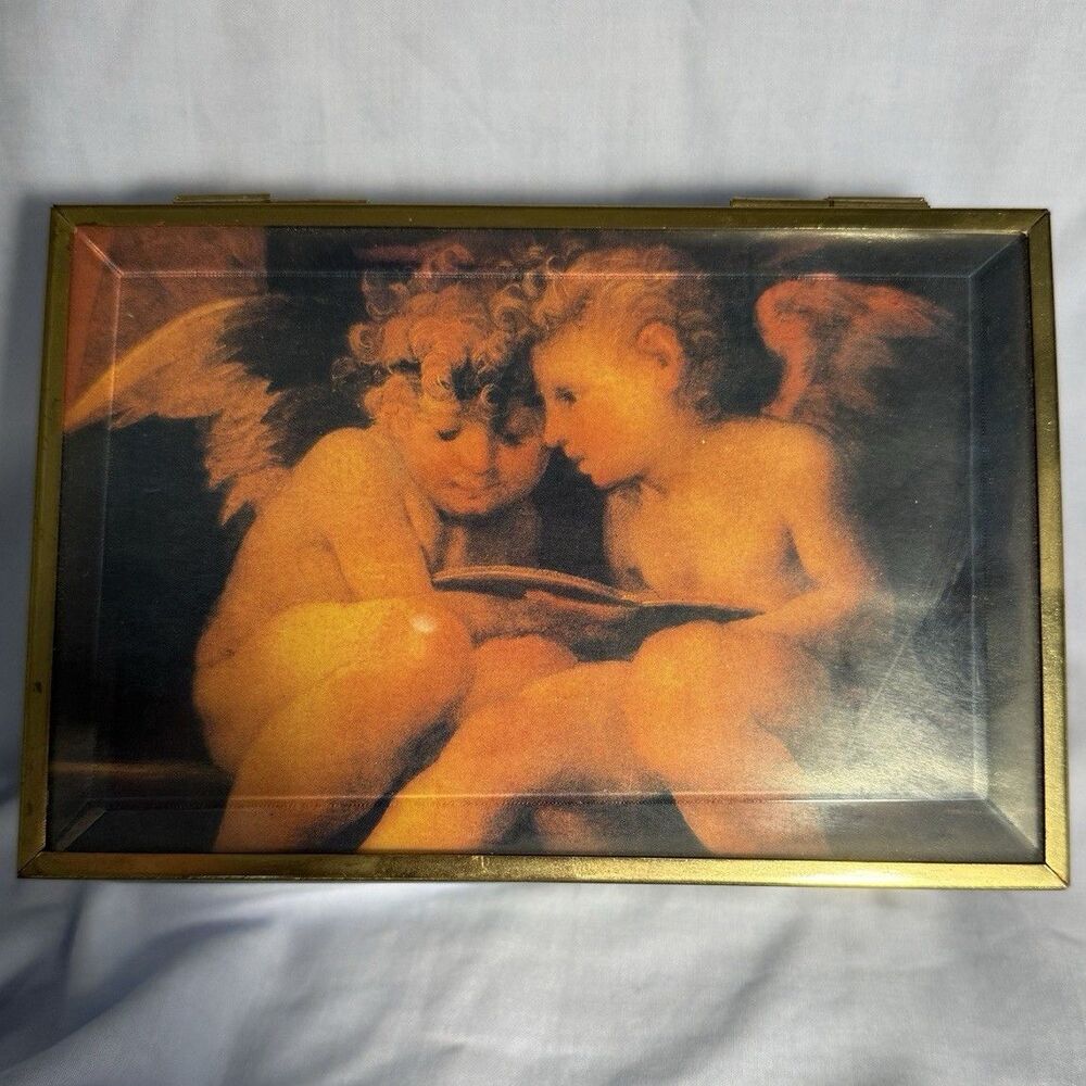 World Bazaars Glass & Metal Rectangular Trinket Box w/ Lid Angel Art Gold